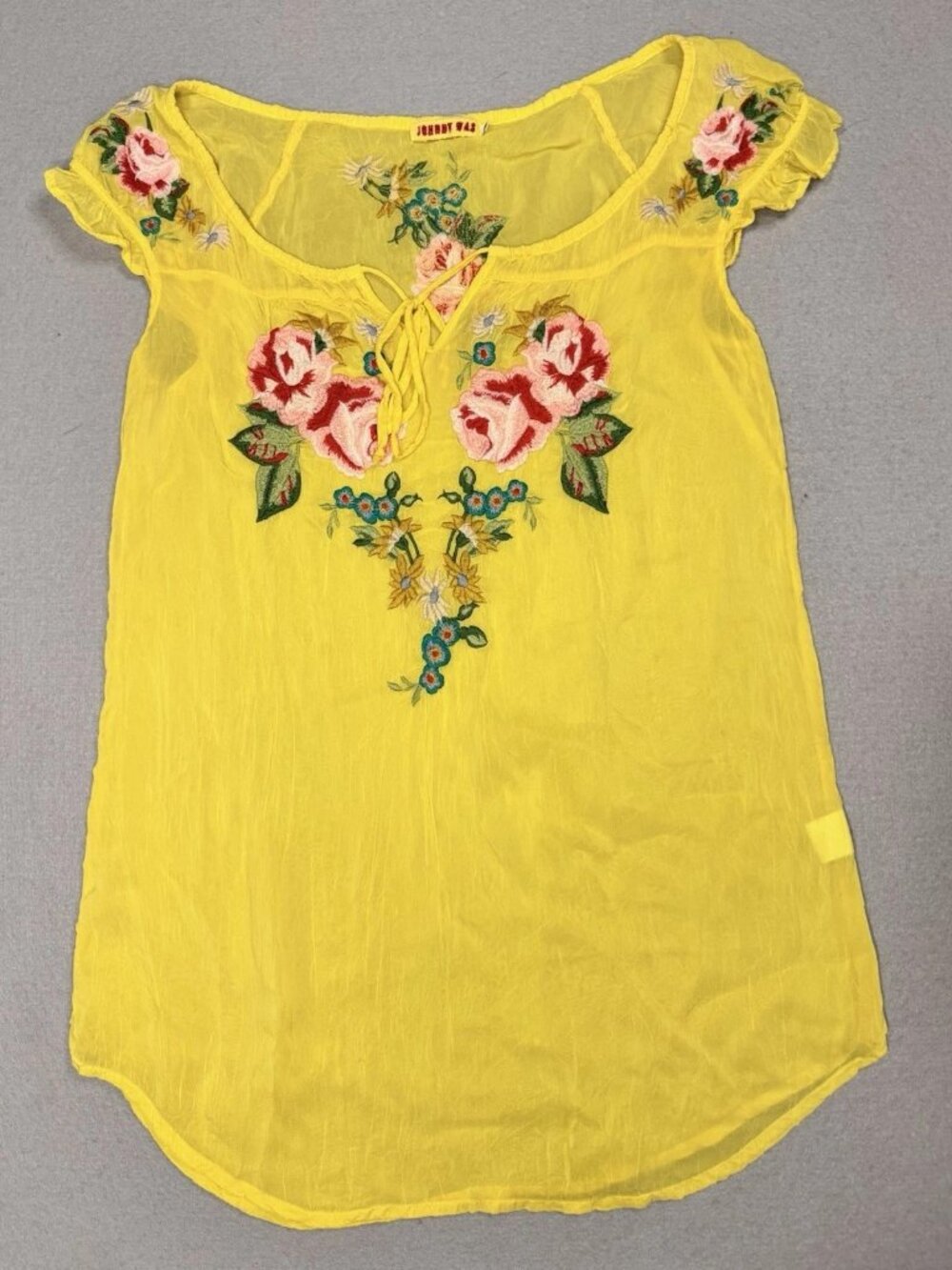 Johnny Was Floral Embroidered Tie Front Yellow Sheer Blouse Top, Cap Sleeves XS